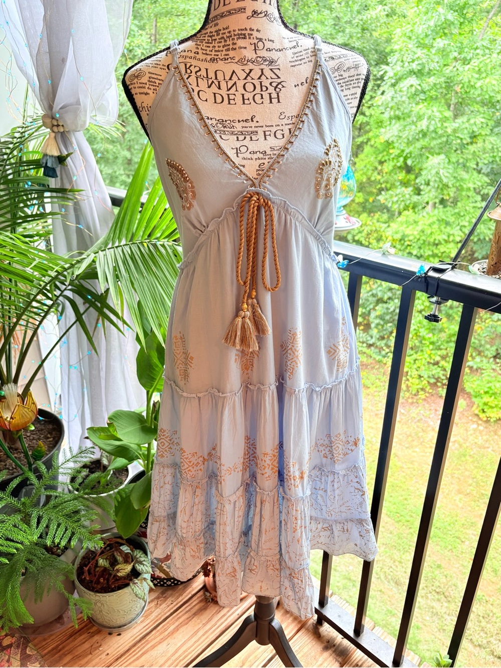 India Boutique Light Blue Midi Dress with Gold Embroidery